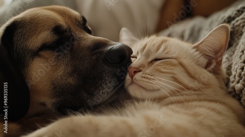 Wallpaper Mural Detailed close-up of a cat nuzzling a dog's face, capturing their playful interaction in a cozy home, [emotional bond], [playful pets]. Torontodigital.ca