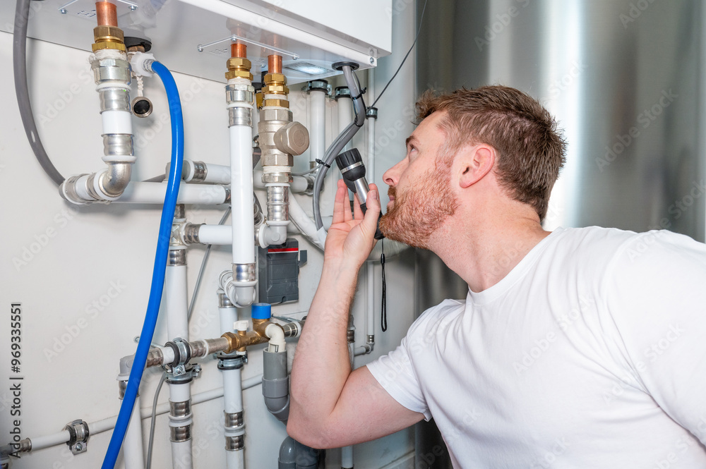 Technician adjusting a valve on a pipe from a heat pump Technician adjusting a valve on a pipe from a heat pump