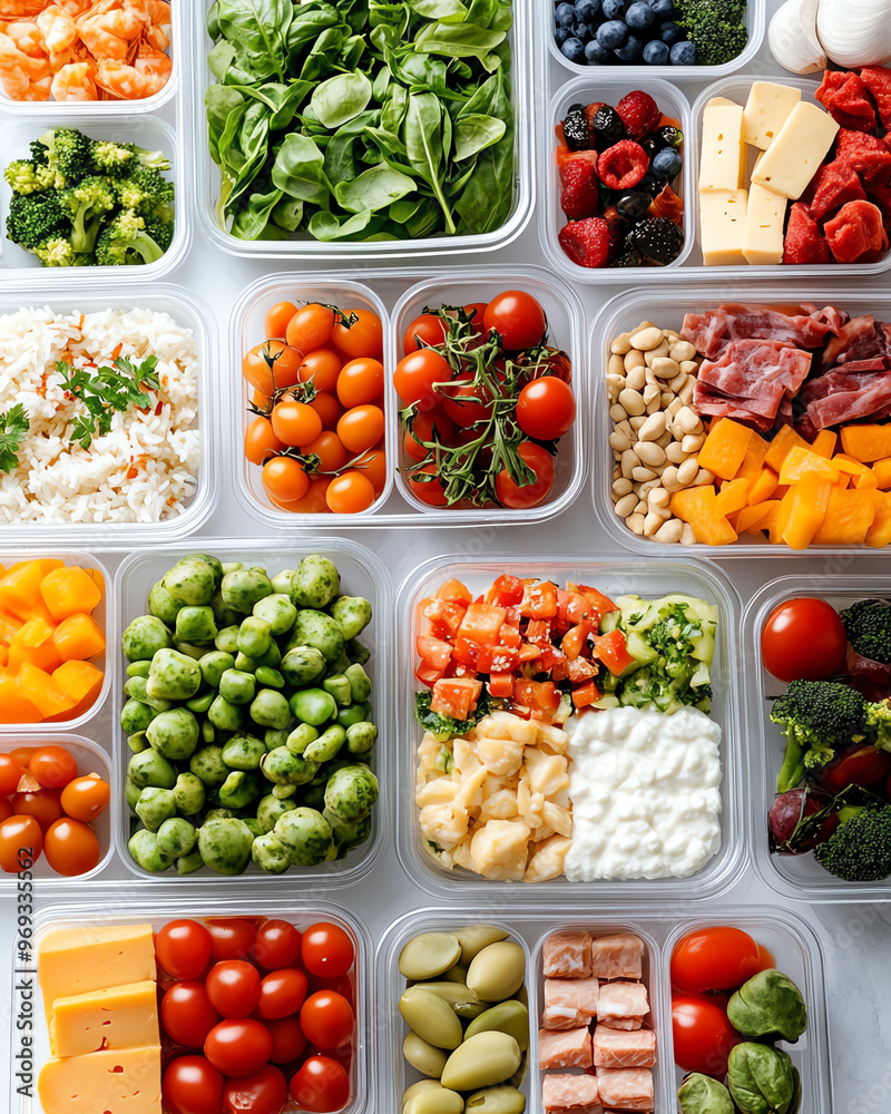 A vibrant assortment of fresh ingredients arranged in containers, showcasing healthy food choices for meal prep and nutrition. A vibrant assortment of fresh ingredients arranged in containers, showcasing healthy food choices for meal prep and nutrition.