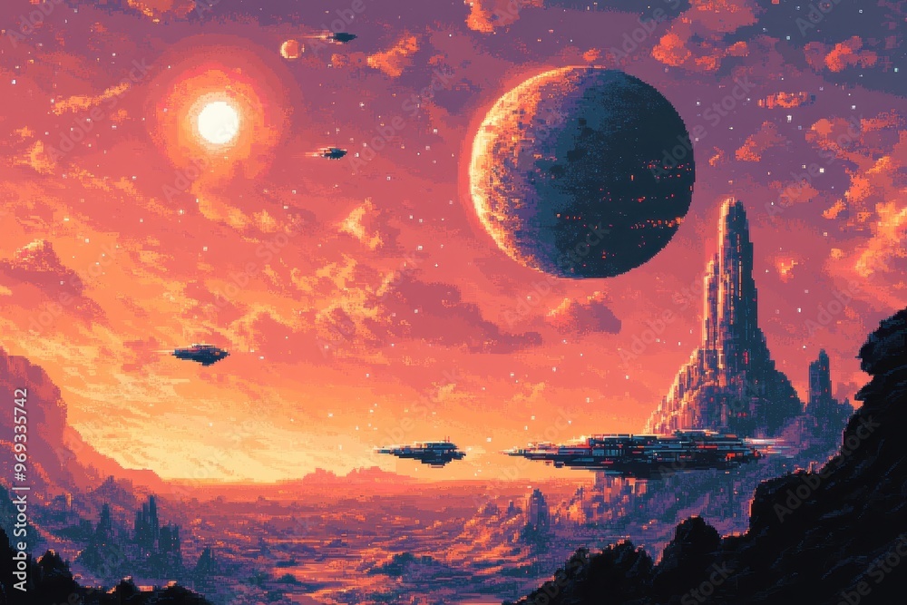 Retro Pixelated Alien Planet with Spaceships, Copy Space for Text Retro Pixelated Alien Planet with Spaceships, Copy Space for Text