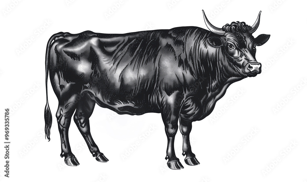Obraz premium Cow, bull, farm. Vintage retro print, black white cow sketch ink pencil style drawing, engrave old school. Sketch artwork silhouette farm cow, white background. Side view profile. Illustration