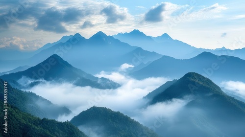 breathtaking mountain landscape with dramatic cloud formations majestic peaks pierce through a sea of mist creating a serene and aweinspiring natural vista