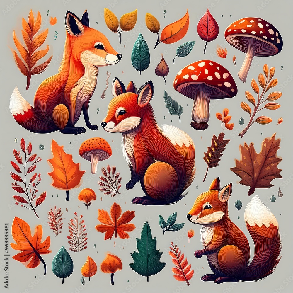 Cozy Autumn Fall Forest Elements - set of whimsical fall forest icons, including cute fox, leaves, mushrooms, acorns. Graphic artwork illustration