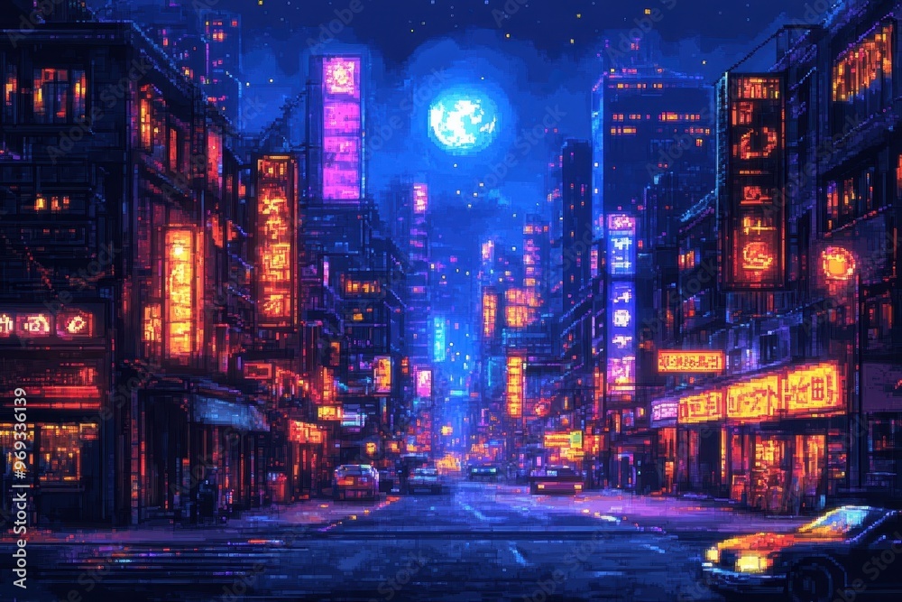 Fototapeta premium Nostalgic Night Stroll in Retro City – Pixelated Neon Signs, Luminous Skyline for Text, Urban Glow and Vintage Vibes