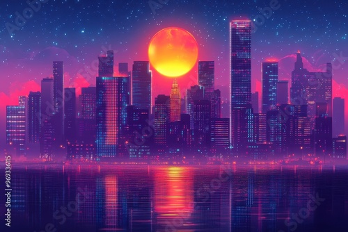 Wallpaper Mural Neon Glow of Retro City Lights at Night with Pixelated Signs Against Open Sky for Text. Torontodigital.ca