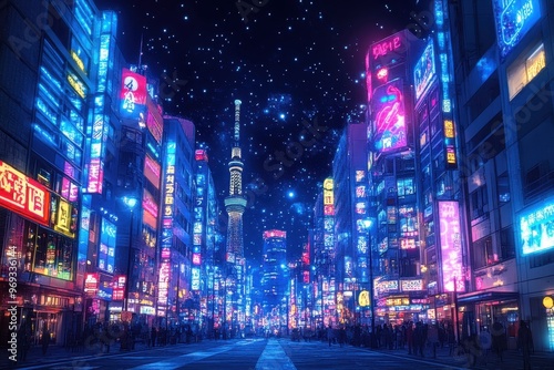 Glowing Retro City Nightscape with Pixelated Neon Signs and Blank Sky for Text Overlay