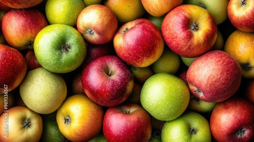 A pile of freshly harvested apples in a variety of colors, including red, green, and yellow.