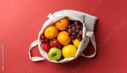 Top view of a fruit-filled bag against a light red background, highlighting fresh, organic, and healthy produce for wellness and nutrition themes