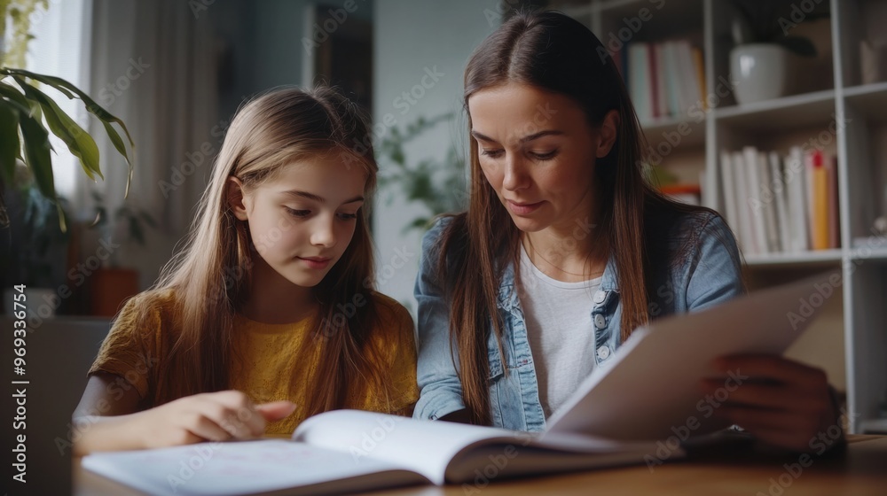 Mother and daughter studying together at home in natural light Mother and daughter studying together at home in natural light
