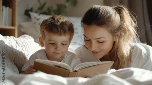 Mother reads a story to her young child in a cozy bedroom