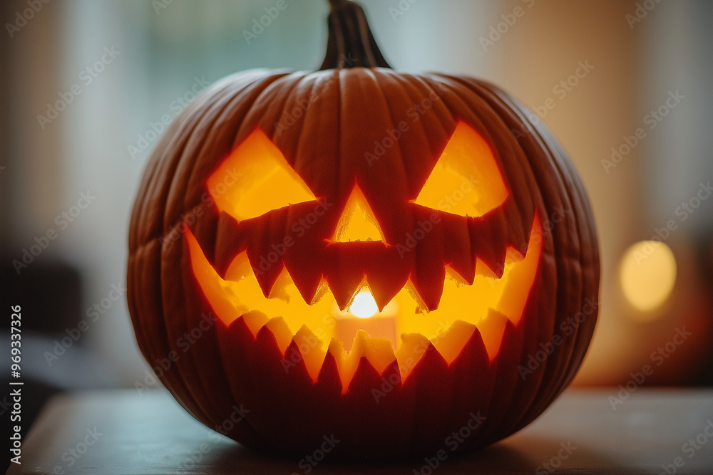 Fototapeta premium A pumpkin with a scary face is lit up with a light