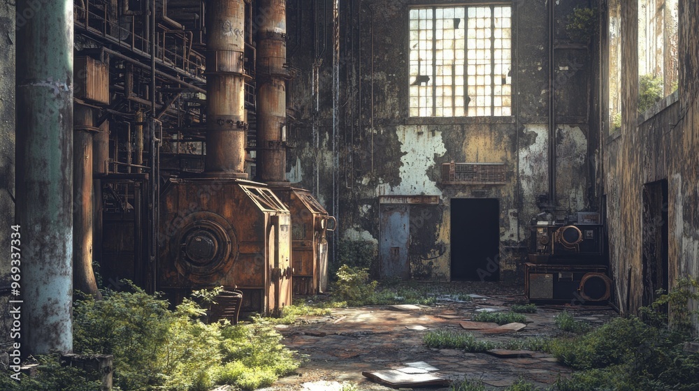 Naklejka premium Abandoned factory with rusted metal structures and crumbling walls, a haunting relic of the past.