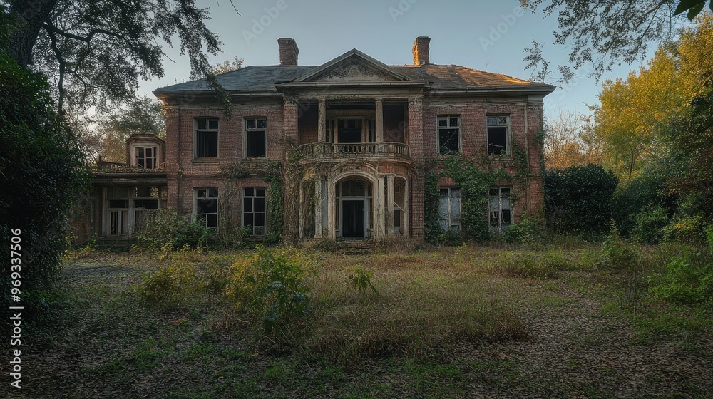 Abandoned mansion with boarded-up windows and overgrown gardens, evoking a sense of mystery. Abandoned mansion with boarded-up windows and overgrown gardens, evoking a sense of mystery.