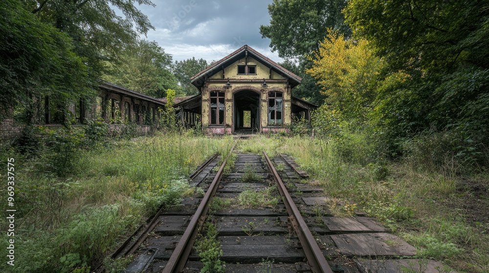 Obraz premium Abandoned railway station with overgrown tracks and crumbling buildings, a relic of a bygone era.