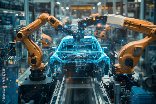 Abstract digital background showcasing a high-tech factory where robots are working on an assembly line to efficiently manufacture car body parts