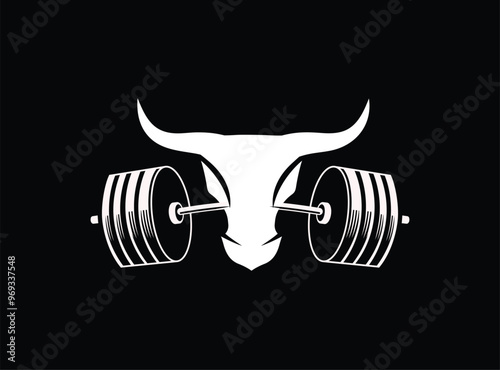 Bull fitness logo, fitness logo, bull icon, with barbell in black and white