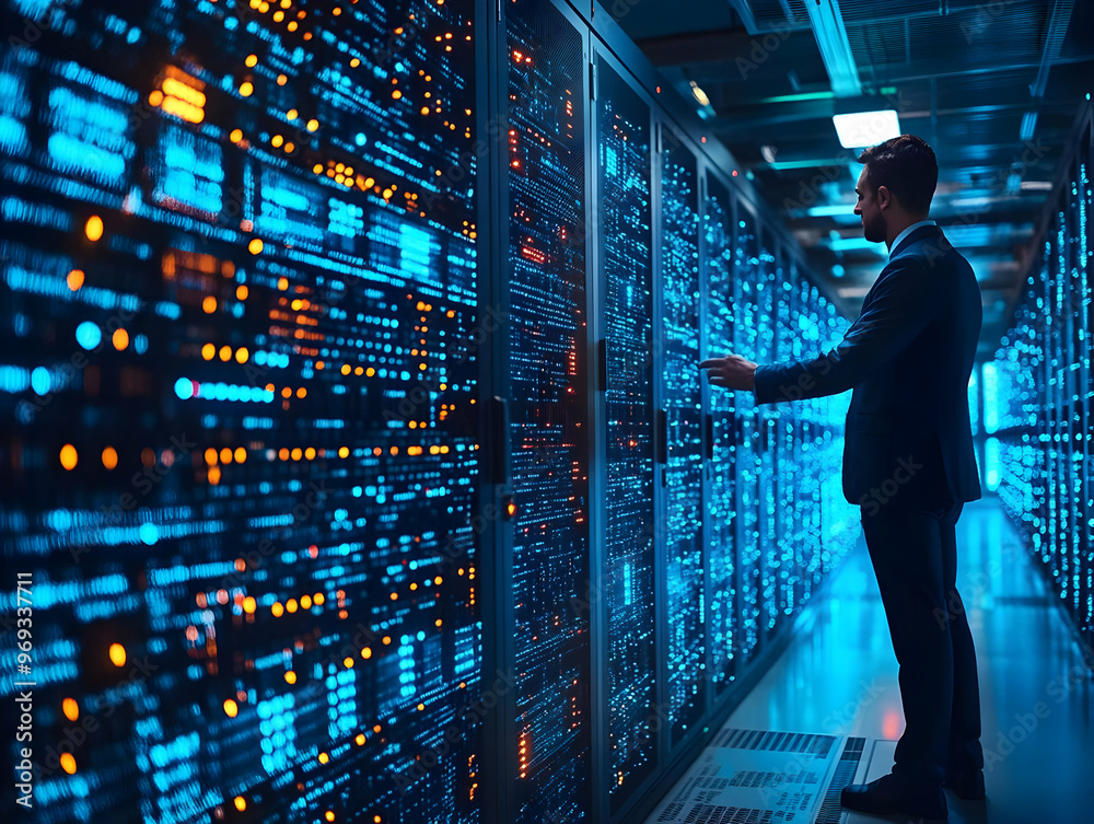 IT Specialist Working with Server Rack Cabinet Photo - Data Center IT Specialist Working with Server Rack Cabinet Photo - Data Center