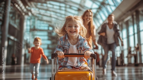 Joyful children playing at the airport with family during travel photo