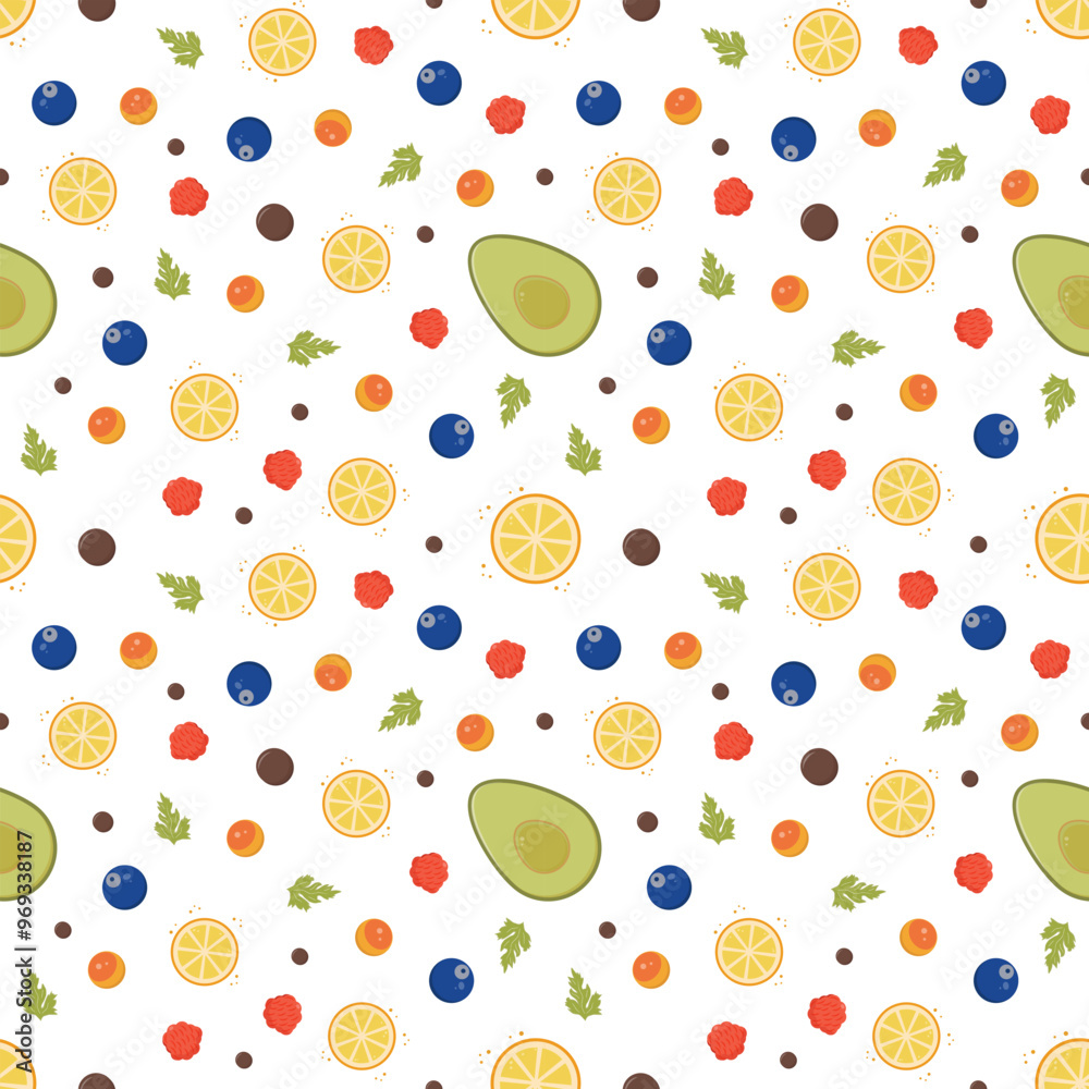 Seamless pattern of fresh fruits like avocados, lemons, and berries with herbs and spices, for kitchen and food-themed designs. Healthy lifestyle. Vector art. Seamless pattern of fresh fruits like avocados, lemons, and berries with herbs and spices, for kitchen and food-themed designs. Healthy lifestyle. Vector art.