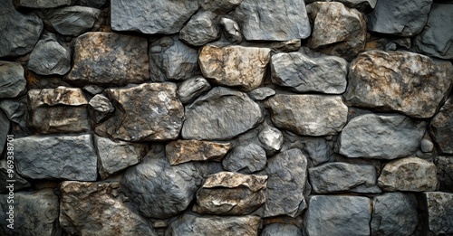 A rugged stone wall, composed of weathered stones in varying shades of gray and brown, creates a textured and natural backdrop.