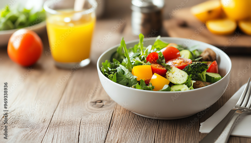 Fresh vegetable salad in a bowl with colorful ingredients and a glass of orange juice on a wooden table. Fresh vegetable salad in a bowl with colorful ingredients and a glass of orange juice on a wooden table.