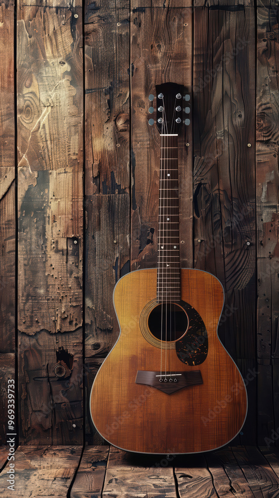 Naklejka premium A vintage acoustic guitar stands against a rustic wooden backdrop, perfect for music-themed designs and artistic projects.