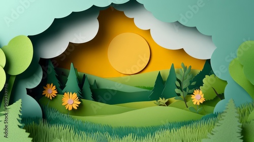 spring paper art, landscape design background