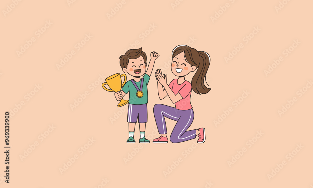 happy child holding a trophy and medal with a proud mother happy child holding a trophy and medal with a proud mother