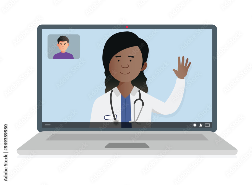Simple flat female doctor vector character giving consultation medical advice over video call on laptop computer. Simple flat female doctor vector character giving consultation medical advice over video call on laptop computer.