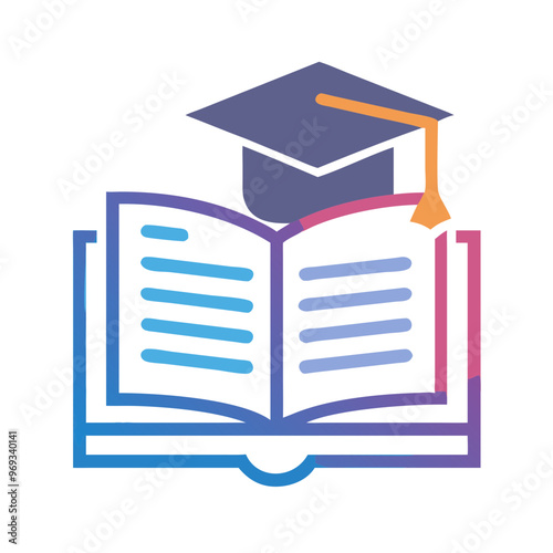 An open book with a graduation cap, symbolizing education and knowledge, with clean lines and modern colors