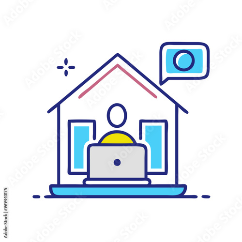 A laptop with a house in the background, representing remote work and working from home, in a minimalist flat style