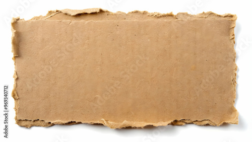 Brown corrugated cardboard sheet with torn edges, isolated on a white background. photo