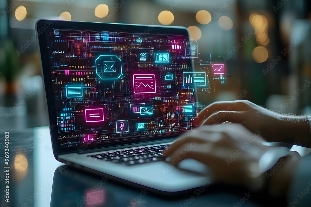 Futuristic Technology Illustration - Laptop Displaying Neon Data Analysis Graphics Futuristic Technology Illustration - Laptop Displaying Neon Data Analysis Graphics