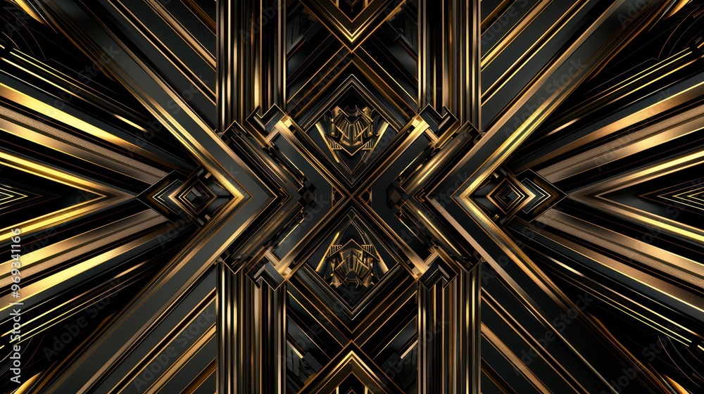 An intricate geometric pattern featuring luxurious golden and black tones, ideal for backgrounds and digital art.