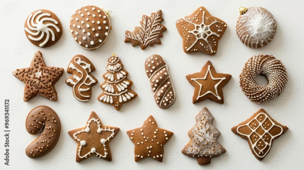 whimsical arrangement of christmas gingerbread cookies intricate icing details variety of festive shapes crisp white background whimsical arrangement of christmas gingerbread cookies intricate icing details variety of festive shapes crisp white background