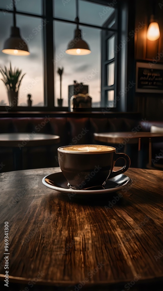A Rustic Wooden Table with a Steaming Cup of Artisan Latte Under Warm Ambient Lighting A Rustic Wooden Table with a Steaming Cup of Artisan Latte Under Warm Ambient Lighting