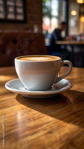 A Rustic Wooden Table with a Steaming Cup of Artisan Latte Under Warm Ambient Lighting 