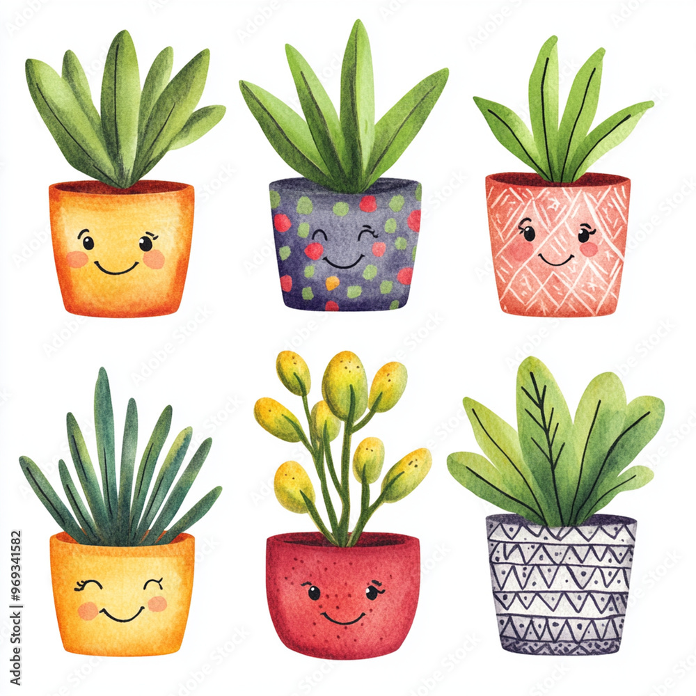 Whimsical potted plants with smiling faces in colorful pots create cheerful and vibrant atmosphere. Perfect for adding touch of joy to any space Whimsical potted plants with smiling faces in colorful pots create cheerful and vibrant atmosphere. Perfect for adding touch of joy to any space