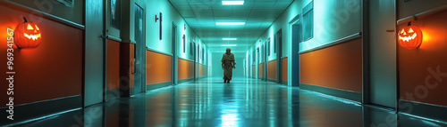 Spooky hospital hallway decorated with Jack-o'-lanterns, casting an eerie glow with a silhouette in the distance, creating a haunting atmosphere.