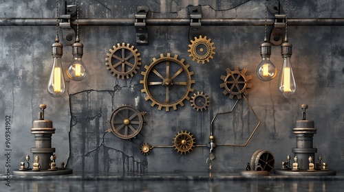 Industrial design with ancient lamps and gears on a gray grainy backdrop