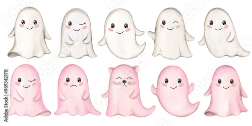 Set of vector watercolor pink Halloween ghost. Cute cartoon character. Cliparts for baby shower, greeting cards, party invitations. Hand painted illustration.