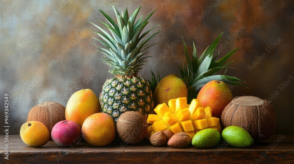 Assorted tropical fruits, including pineapples, mangoes, and coconuts, displayed on a rustic wooden table. Assorted tropical fruits, including pineapples, mangoes, and coconuts, displayed on a rustic wooden table.