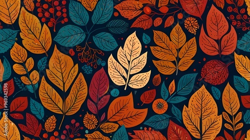 Hand drawn horizontal banner pattern with autumn bright leaves and berries in retro color template. Flat doodle style. Vector illustration. Generative AI