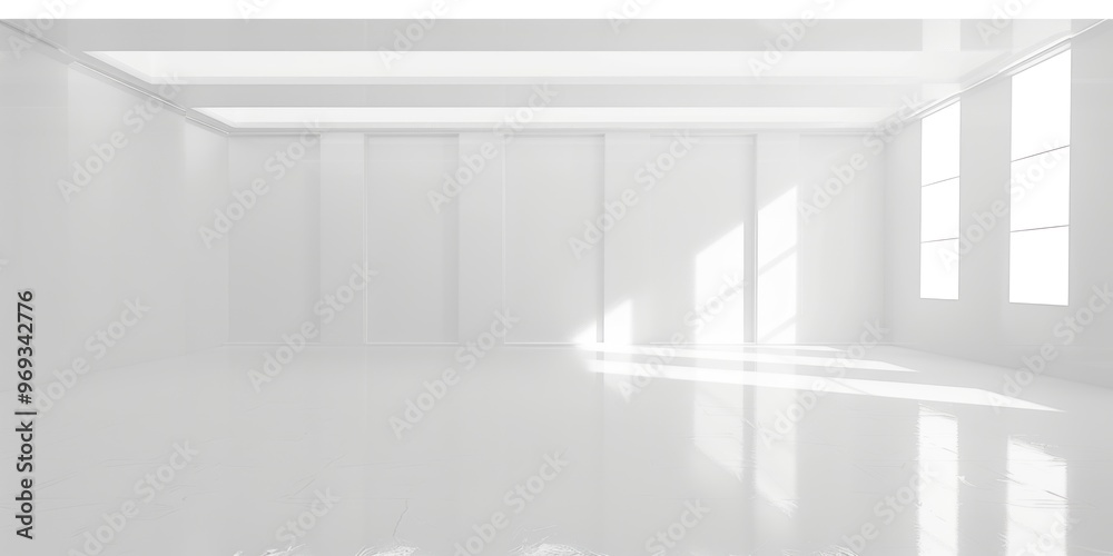 Obraz premium Spacious white room with large windows and sunlight streaming in, offering a clean and bright environment, ideal for interior design.