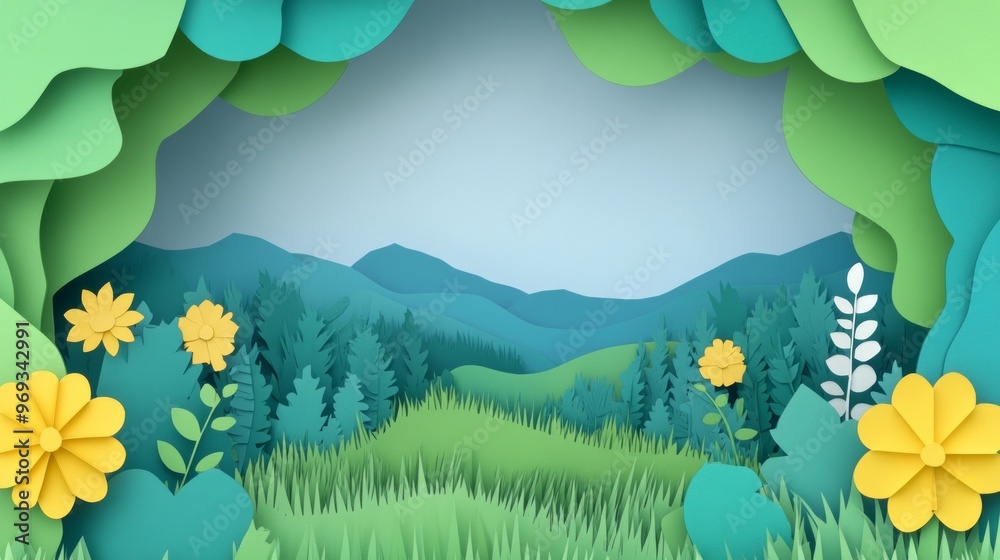 spring paper art, landscape design background spring paper art, landscape design background
