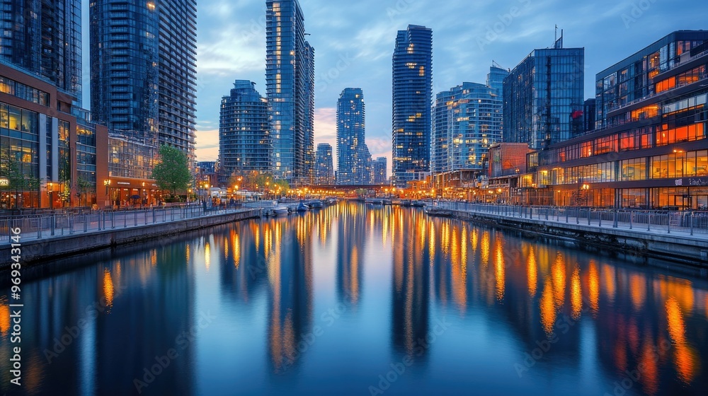 Fototapeta premium Cityscape with a river running through, lined with tall buildings reflecting in the water.