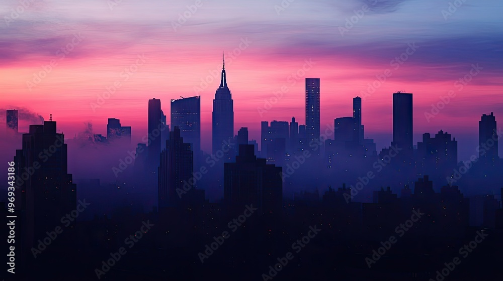 City skyline at dusk, with tall buildings silhouetted against the fading light.
