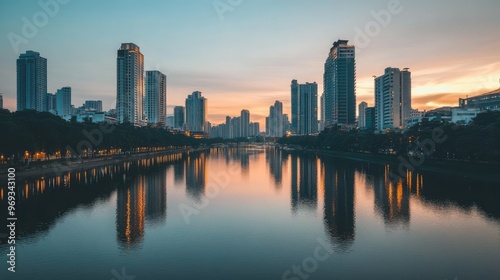 Cityscape with a river running through, lined with tall buildings reflecting in the water.