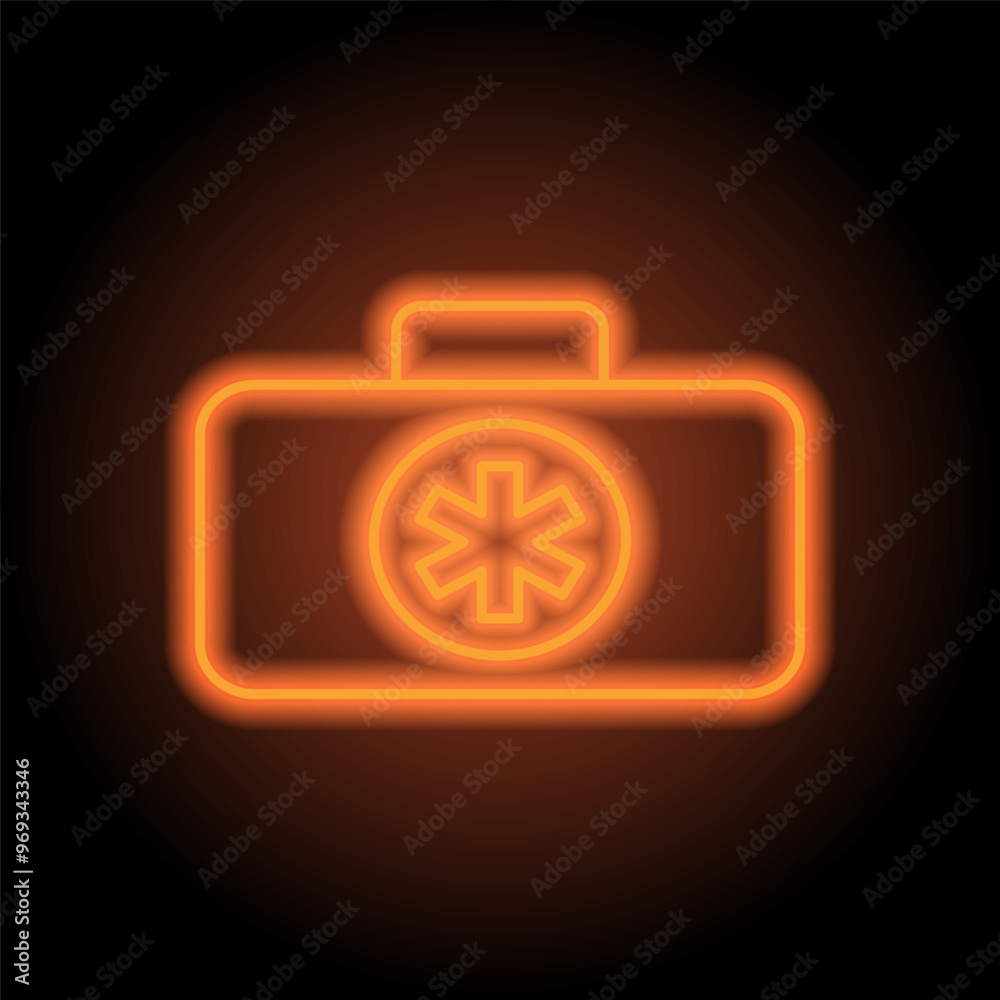 First aid kit simple icon vector. Flat design. Orange neon on black background First aid kit simple icon vector. Flat design. Orange neon on black background