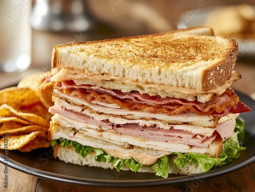 A delicious and hearty club sandwich with crispy bacon, turkey, ham, lettuce, tomato, and cheese, served with potato chips.